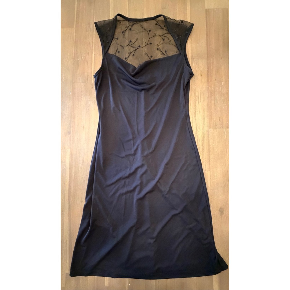 Teeze Me Black Mesh Sequin Floral Embroidered Cowl Neck Sheath Dress Womens M